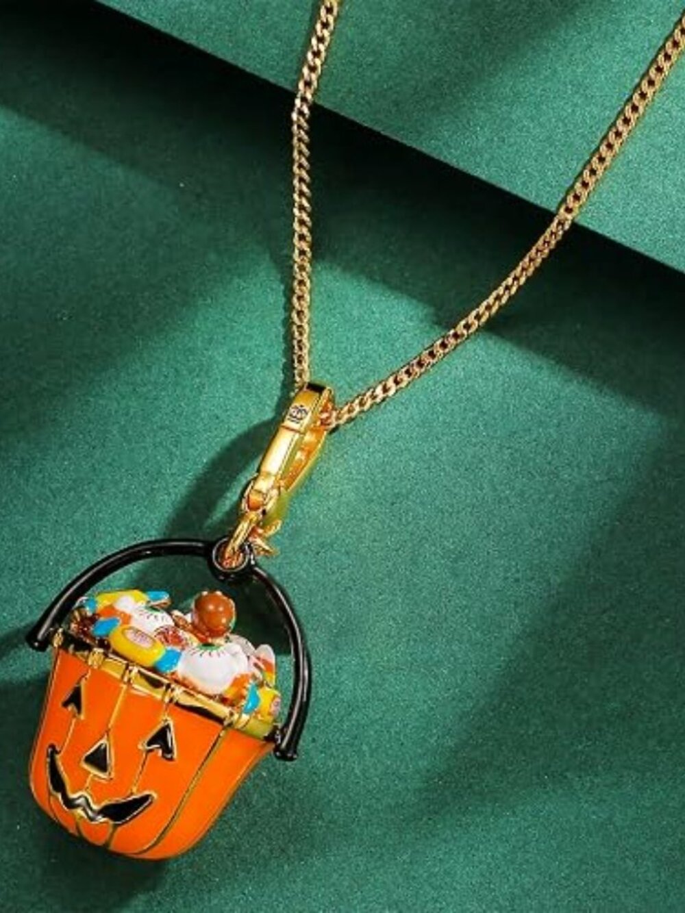 Neiman Marcus 14k Gold Plated Halloween Pumpkin Bucket Necklace - Picture 3 of 4